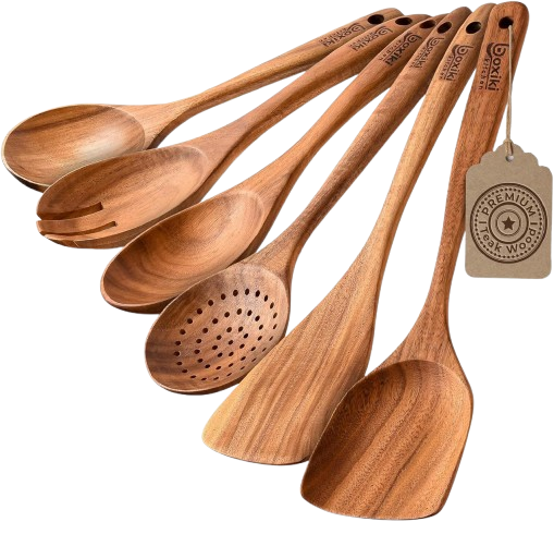 Premium 6-piece teak wood cooking utensil set from Boxiki Kitchen on white background