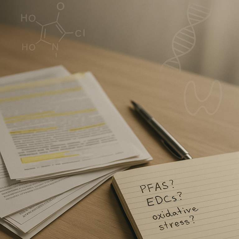 Notebook with PFAS, EDCs, and oxidative stress questions next to scientific papers and pen