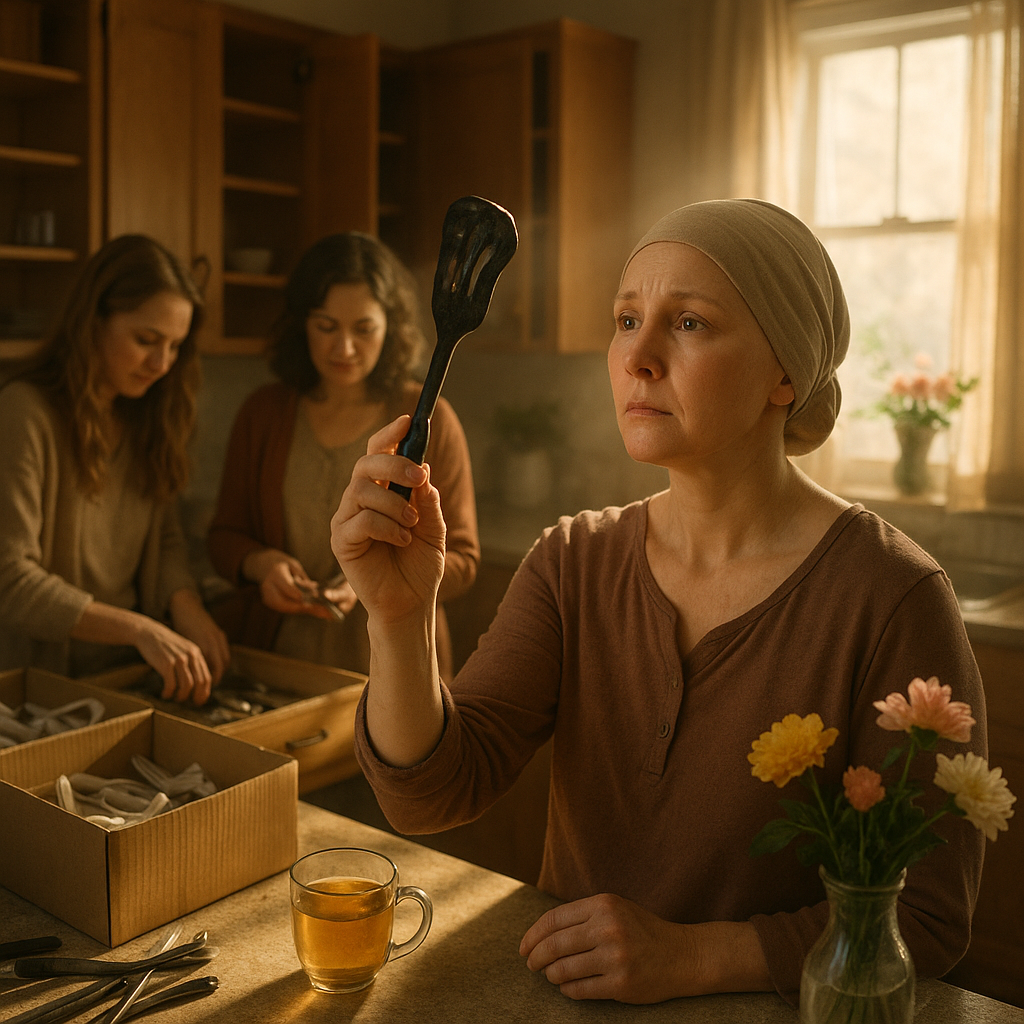 Concerned woman holding a melted Teflon spatula during a family kitchen declutter