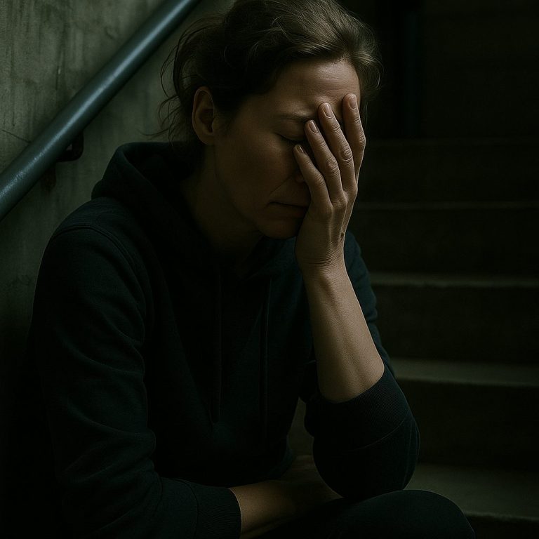 Exhausted woman in dark hoodie sitting on stairs, hand covering face in distress